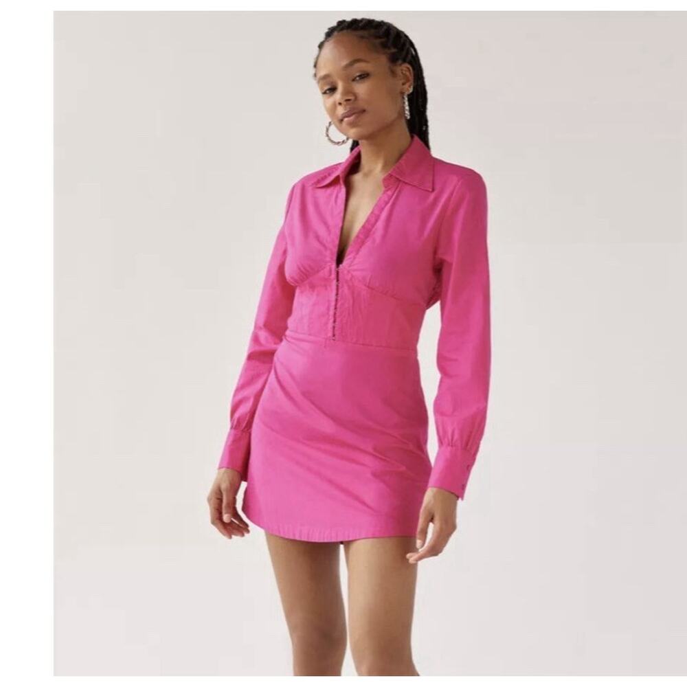 Urban Outfitters Phoebe Mini Dress Size L Pink Corset Waist Long Sleeve Stretch